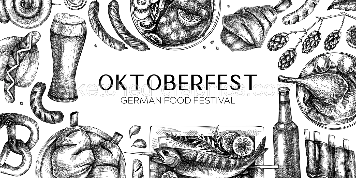Oktoberfest background. German food and drinks menu design template. Meat dishes sketches. German cuisine vintage frame. Traditional beer festival banner. Oktoberfest party Illustration